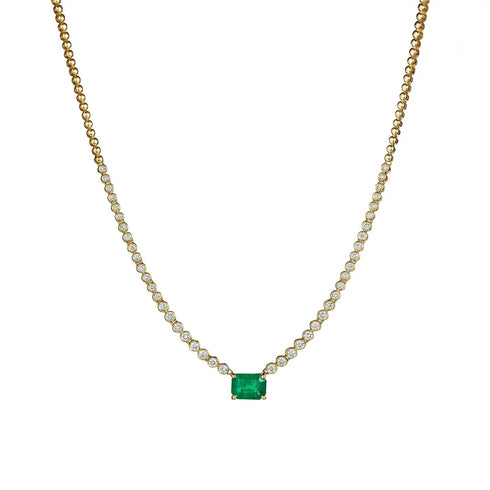 Bezel Round Diamond And Emerald Necklace - 1